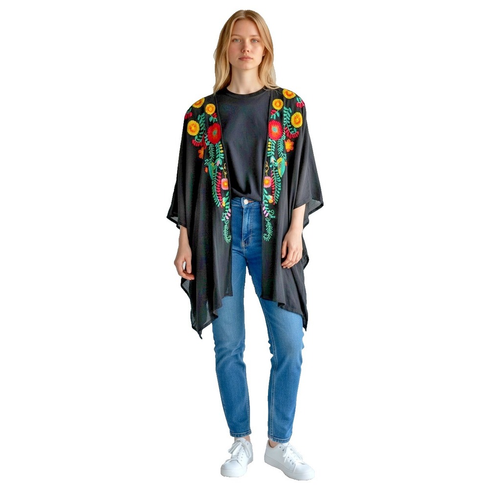 Umgee USA Women's Boho Embroidered Open Front Shirt Top Duster XL Short Sleeve